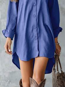 Camisa azul de mujer de manga larga de poliéster con botones, con cuello, diseño corto en la parte delantera y largo en la parte trasera con bolsillos, para primavera - Azul - Ver 5