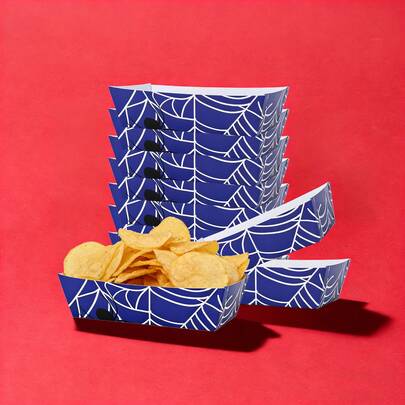 10 cái/20 cái/50 cái, Khay giấy đựng đồ ăn nhẹ hình mạng nhện màu xanh dương - Hộp đựng thức ăn dùng một lần cho khoai tây chiên, nachos, đồ ăn vặt tiệc tùng | Khay đựng thức ăn cho khoai tây chiên, nachos, đồ ăn nhẹ và đồ nướng | Hoàn hảo cho sinh nhật, tiệc mừng em bé mới sinh, lễ hội và các bữa tiệc theo chủ đề sinh nhật.