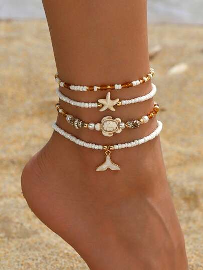 4pcs Bohemian Style Starfish, Shell, Fish Tail, Turtle Decor Pendant Beaded Anklet Set, Suitable For Girls Outings, Vacations, Parties, Music Festivals, Daily Wear, Random Bead Colors