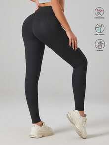 高腰收腹口袋瑜伽裤紧身打底裤运动服 - 黑色 - 查看 7