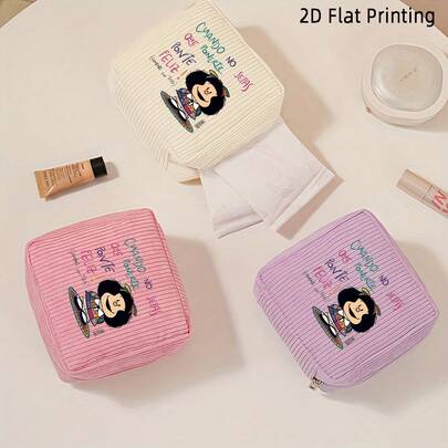 A Sanitary Napkin Storage Bag With Mafalda Print Pattern, Makeup Bag, Student Menstrual Pouch, Portable Multifunctional Corduroy Storage Bag, Travel Makeup Bag, Sanitary Napkin Storage Pouch, Makeup Bag With Zipper