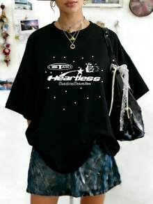 Hellstars Heartless Soar To Soardise Star Y2K Graphic T-Shirt,220g 100% Cotton,Round Neck Short Sleeve,Black Streetwear Essential For Summer Going Out,Unisex Style - 黑色 - 查看 1
