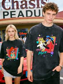 Disney Officially Licensed Graphic T Shirts 100 Percent Cotton  Shirt, Max Goof & Roxanne Retro Couple T-Shirt, Unisex, Washed 230g, Retro Vintage, Crew Neck Short Sleeve, Casual Daily Wear - màu đen - Xem 1
