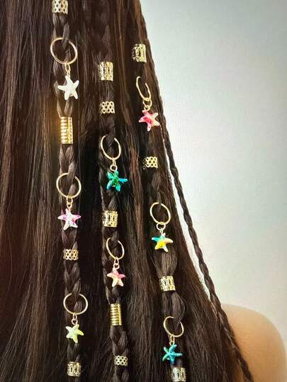 35pcs Bohemian Style Braided Hair Rings, Fashionable Personalized Ocean Series Metal Hair Accessories