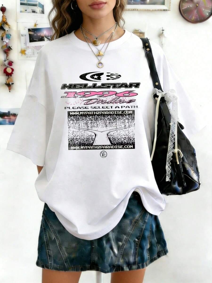 Plus Size Hellstars 1996 Online Path To Paradise Y2K Graphic T-Shirt,220g 100% Cotton,Round Neck Short Sleeve,White Streetwear Essential For Summer Going Out,Unisex Style - White - View 1
