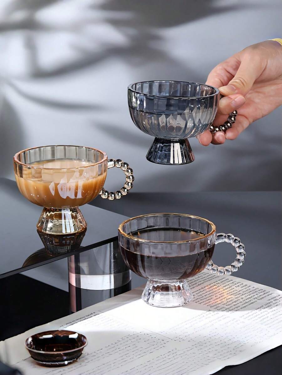 Vaso de vidrio retro, vaso de vidrio de rayas verticales con tallo bajo, adecuado para café, té negro, leche, bebidas, jugo, taza reutilizable y linda para el hogar, dormitorio, oficina, té de la tarde, restaurante, fiesta