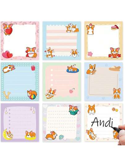 1/3/9pcs Cartoon Corgi Dog Themed Square Self-Adhesive Memo Pad | Cute Dog Pattern Removable Sticky Notes, 50 Pages Per Pad, Strong Adhesive Won't Fall Off, Suitable For Birthday Party Gifts, Office Reminders, Family Messages, And Student Learning Markers