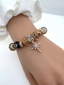 1pc Gold Leopard Print Beaded Adjustable Cross Pendant Bracelet - Bracelet - View 3