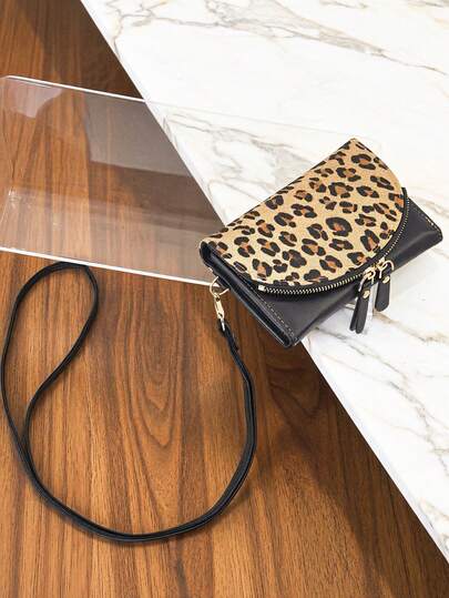 2026 Nueva cartera con collar desmontable, cartera corta multifuncional de triple pliegue, cartera compacta de moda con estampado de leopardo y parches, con accesorios de metal y monedero con cremallera