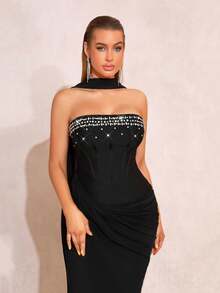New Sparkling Diamond Decor Sexy Strapless Ruffle Mesh Design Halter Slit Bandage Dress, Elegant Women's Formal Evening Gown For Wedding, Party, Holiday - Black - View 7