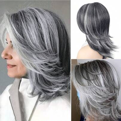 Dark Silver Grey Wigs Layered Curtain Bangs Wigfor White Women Should Length Grey Layered Wigs Short Black Mix Gray Wigs Curly Wavy Highlights Gray Women Wigs For White Women Soft Synthetic Elderly Hair Wigs With Bangs