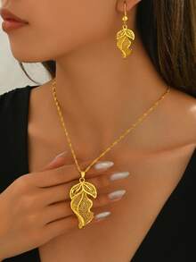 Bộ 2 món trang sức cưới kiểu Trung Đông Dubai, mạ vàng đồng, gồm bông tai và dây chuyền hình lá. - Vàng - Xem 1