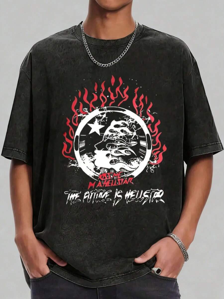 Hellstars Future Flame Retro Washed Print Round Neck Short Sleeve T-Shirt, 230g 100% Cotton T-Shirt, Summer Clothes, Men's Tops, Casual And Comfortable, Fashionable Graphic Tee, Unisex Style - Black - View 1