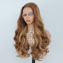 Dark Brown Color 26Inch 13X6 Transparent Lace Front Wig With Baby Hair For Women Body Wave Synthetic Heat-Resistant Wig - 挑染棕色 - 查看 2