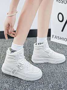 Women's Casual Sport Sneakers New High-Top Canvas Shoes Thick Sole Platform Skateboard Shoes Round Toe Lace-Up Low-Top Comfortable White Shoes For Women, Breathable Odor-Resistant Personalized Motorcycle Boots For Couples Outdoor Travel Vacation - White - View 5