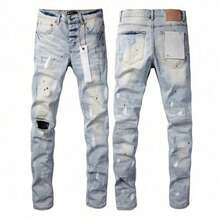 Pantalones de moda con pierna recta y estrecha, estilo callejero estadounidense con estampado rasgado y elástico para hombres - Azul - Ver 3