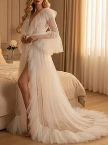 Women Summer Kimono Dress, Sheer Tulle V-Neck Long Flare Sleeves Floor-Length Night-Robe Lingerie - 白色 - 查看 2