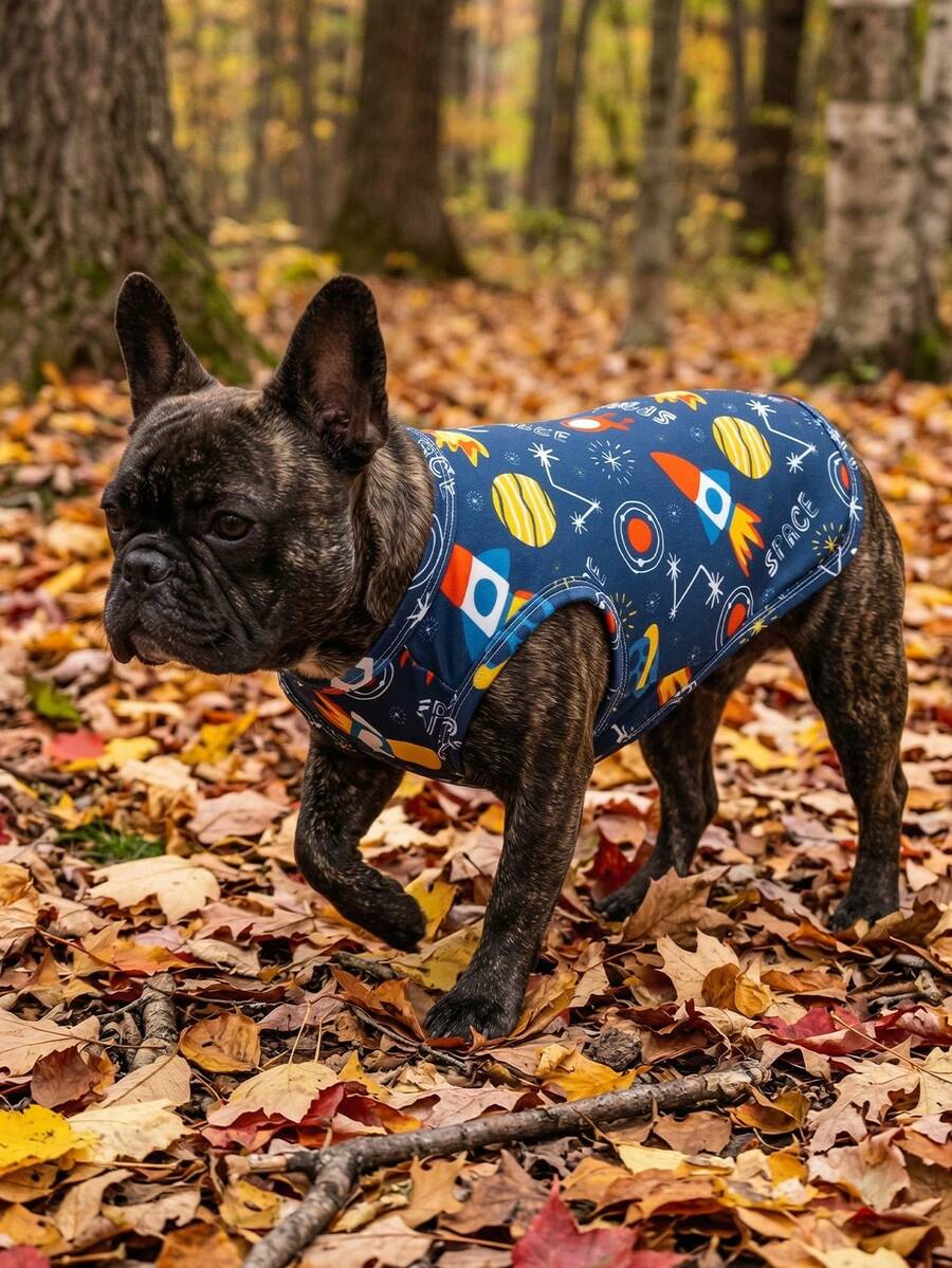 1 pieza Chaleco para mascotas con estampado de exploración espacial, Camiseta sin mangas transpirable con protección solar para perros/gatos, Ropa de verano ligera para mascotas, Adecuado para perros medianos y pequeños, Diseño de moda - Multicolor - Ver 1