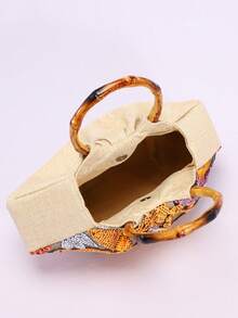 1 pieza Bolso de tote con asa de bambú, estilo de vacaciones, con patrón de hojas de malla de contraste con lentejuelas florales de colores, fondo de lino, adecuado para playa y ocio de verano (patrón de lentejuelas florales distribuido aleatoriamente) - Multicolor - Ver 7
