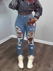 女士做旧修身长款牛仔裤，休闲风格，纽扣门襟，中等弹力，舒适百搭，适合全天穿着 - 深色水洗藍 - 查看 6