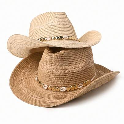 Shell Decor Straw Cowboy Hat For Men & Women, Wide Brim Sun Hat, Outdoor Vacation Straw Cap