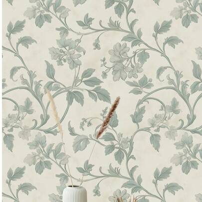 Elegant Sage Floral Scroll Wallpaper - Vintage Botanical Pattern - Classic Victorian Style Mural