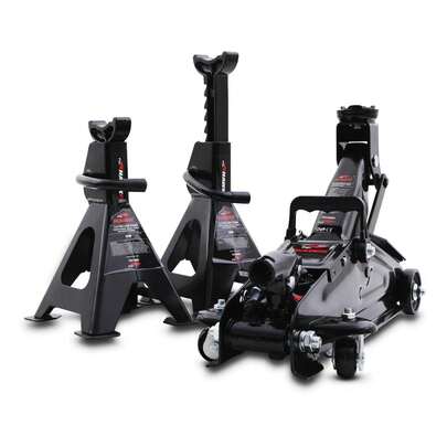 LIFT WITH LONG HANDLE PISTON STEEL CAR JACK 2T 2 TONNE AND 2x 2T AXLE JACK STANDS