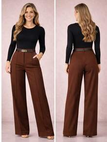 Women's Tailored Trousers With Belt, Super Comfortable - 鏽棕色 - 查看 1