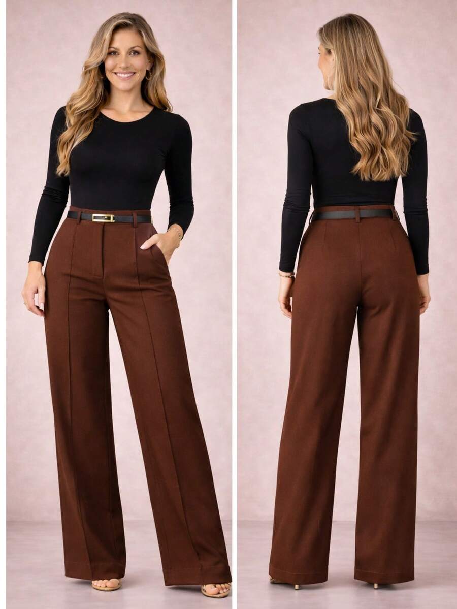 Women's Tailored Trousers With Belt, Super Comfortable - 鏽棕色 - 查看 1