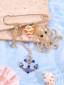 1pc Creative Blue Rhinestone Anchor & Octopus Brooch, Cute Ocean Element Waist Clip, Suitable For Daily Wear And Beach Vacation - Multicolor - View 2