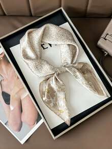 1条方形真丝围巾，女士缎面印花头巾，颈巾，发带，时尚女士披肩，围巾 - 卡其色 - 查看 1