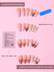 24片长杏仁形法式美甲贴纸，马卡龙色系，条纹和波点图案，完美贴合，套装包含：1瓶凝胶胶水和1把指甲锉。非常适合夏季美甲，适合女性和女孩日常工作和派对使用。 - 彩色 - 查看 2