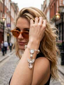 Gothic, Y2K, Layered Elegant Faux Pearl Silver Exquisite Sparkling Ins Fashion Women Beaded Bracelet Chain, Minimalist Chic Cross Prayer Bracelet, - White - View 1