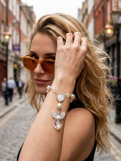 Gothic, Y2K, Layered Elegant Faux Pearl Silver Exquisite Sparkling Ins Fashion Women Beaded Bracelet Chain, Minimalist Chic Cross Prayer Bracelet,