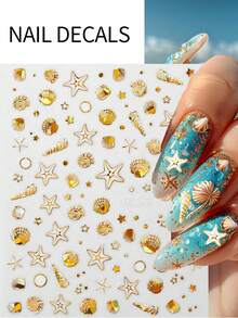 12片装烫金激光金色海洋系列美甲贴纸 3D夏季海星贝壳海螺美甲贴花 Y2K美人鱼美甲用品美甲滑块 - 彩色 - 查看 3