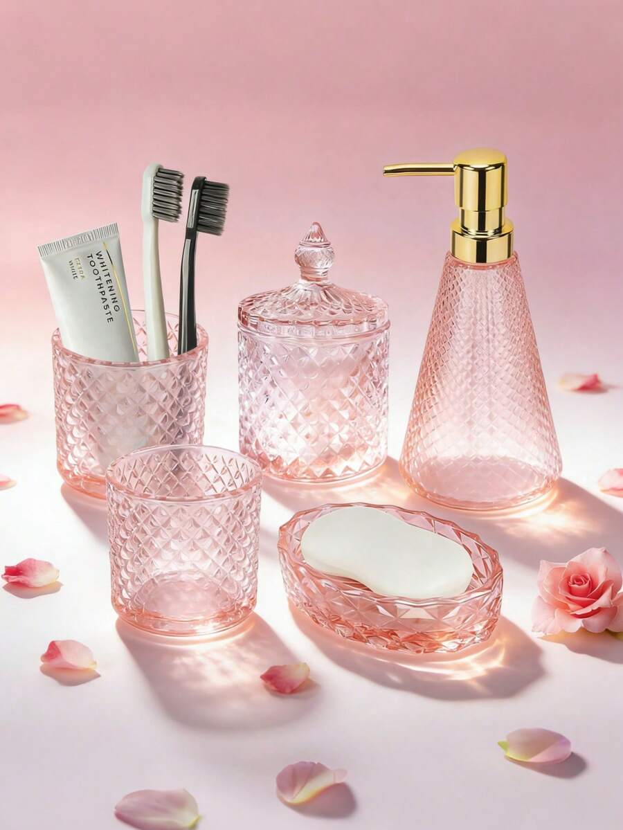 5-Piece Pink Glass Bathroom Accessories Set, Includes Triangle Soap/Lotion Dispenser, Soap Dish, Toothbrush Holder, Tumbler & Cotton Swab Jars,Modern Crystal Decor For Bathroom - Housewarming Gift - 粉色 - 查看 1