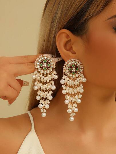 FANYINAN 一对锌合金仿珍珠流苏耳环，圆形波西米亚风格，优雅时尚的女士耳环，适合日常佩戴、婚礼、派对、度假和日常生活。