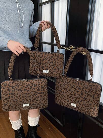 New Fashion Leopard Corduroy Flat Organizer Bag With Soft Shoulder Strap, Lightweight Relieving Pressure Laptop Bag Fits 10" To 15" Laptops, Perfect For School And Work