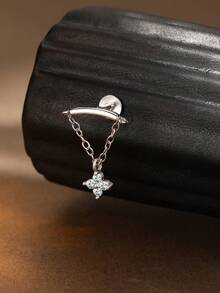 1PC Moissanite 925 Sterling Silver Clover Shape Ear Cuff With Chain Dangle, Minimalist Dainty Prong Setting Hypoallergenic Cartilage Tragus Piercing Jewelry Gift For Women Daily Wear Wedding Season - Silver - View 4