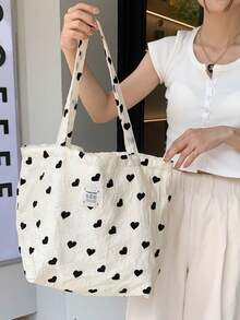 1pc Heart Printed Women's Tote Large Capacity Shoulder Bag For Female Soft Canvas Handbag - Multicolor - View 6