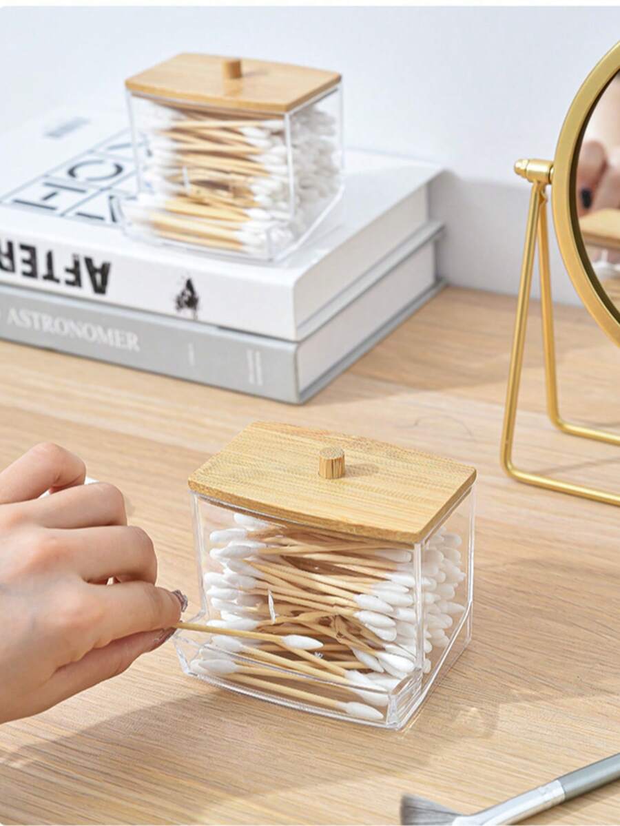 1 hộp đựng tăm bông trong suốt, hộp đựng có nắp đậy bằng acrylic, hộp đựng bông tẩy trang và tăm bông dùng trong phòng tắm. - Trong sáng - Xem 1