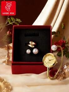 1pc LUCKYFOX Dry Battery Quartz Watch With Ring Gift Set, Minimalist Casual Retro Business Style Zinc Alloy Watch Bracelet With Pearl, Luxury Gift Box Includes Greeting Card, Suitable For Holidays, Valentine's Day Gifts - Gold - View 1