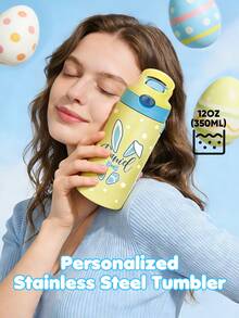 1pc 12oz/350ml Customizable Name Easter Stainless Steel Insulated Water Bottle, With Silicone Straw Leak-Proof Lid, Double-Wall Vacuum Insulation, Cute Easter Bunny Spring Drinking Bottle, Suitable For School, Travel, Sports, Hydration, Birthday Gift, Holiday Gift, Boys & Girls Customized Name Water Bottle - Easter Style 1 - View 2