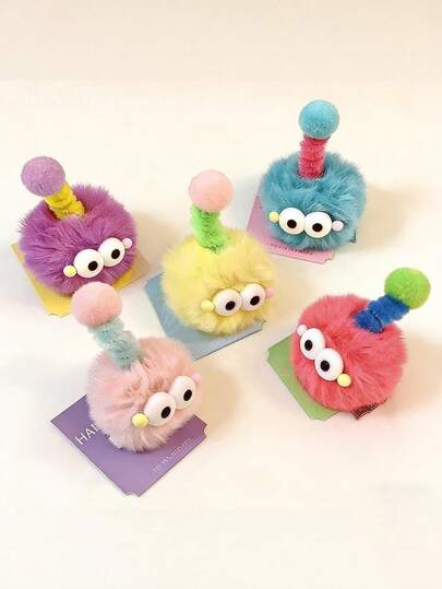 5个可爱毛绒球眼造型发夹，适合日常使用