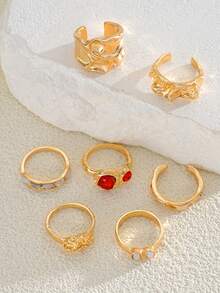 20/15/7pcs Vintage, Elegant Multi-Piece Stackable Rings, Fashion Minimalist Sophisticated Retro Design With Floral, Faux Pearl, Geometric, Ruffle Texture, Liquid Drop, Irregular Shape, Faux Gem, Sparkling, Heart, Wave, Hollow, Hammered, Smooth, Minimalist, Metal Chunky Rings Set, Suitable For Holiday, Party, Date, Gift, Daily Wear - Yellow Gold - View 7