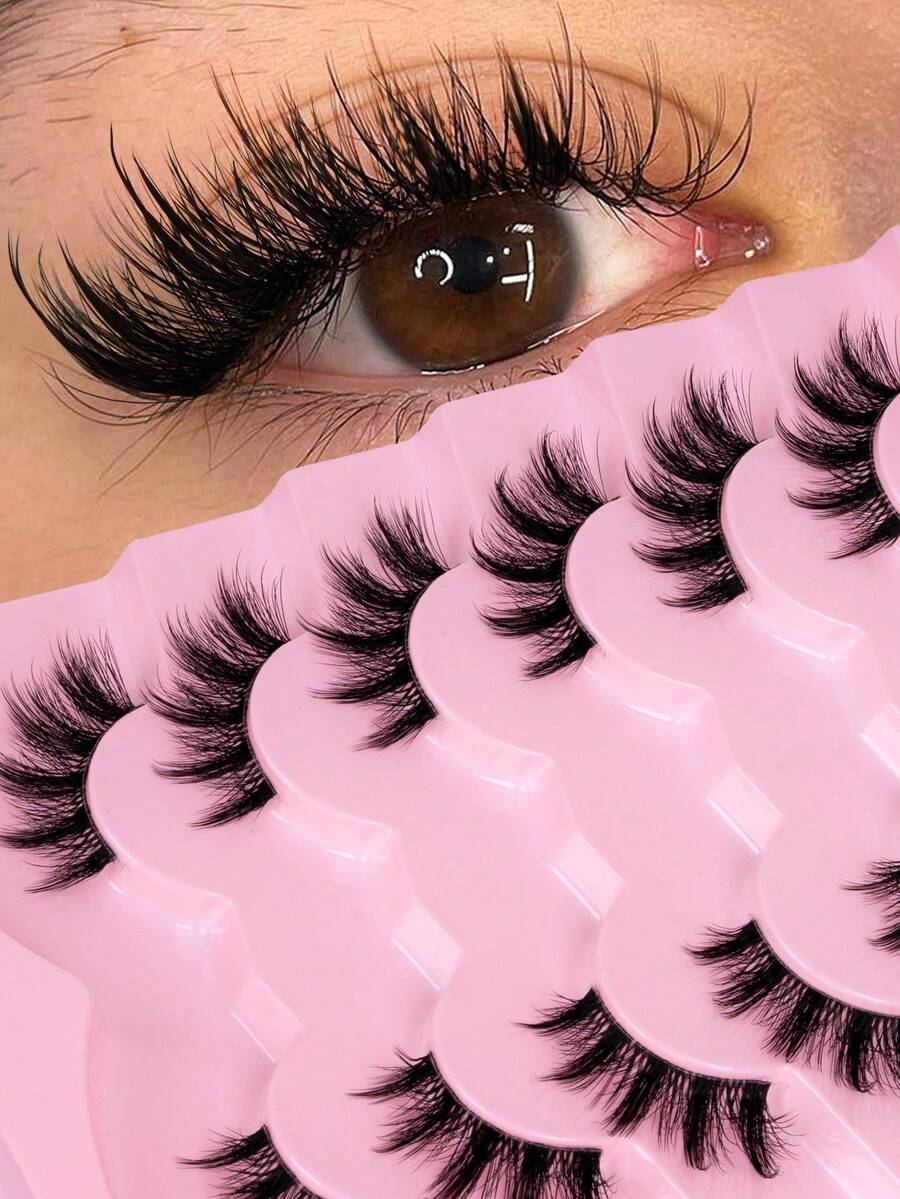 7对猫眼半条假睫毛，透明梗，3D立体轻盈，自然精致，交叉设计，适合日常佩戴和通勤。 - 黑色 - 查看 1