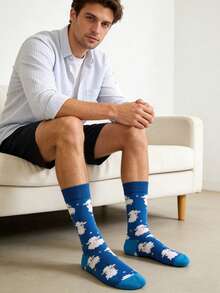 1 Pair Men's Blue Cartoon Sheep Pattern Mid-Calf Socks, & Casual For All Seasons - Multicolor - View 2