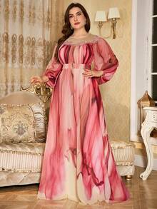 SUPGIR [Random Cut] Round Neck Lantern Sleeve Luxury Beaded Embroidery Decor Elegant Flared Hem Multi-Color Evening Gown Dress - Pink - View 3