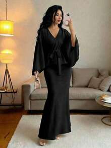 Solid Color Elegant Party Spring Casual Tie Ruffle Hem 2 Pieces Set Black - Black - View 2