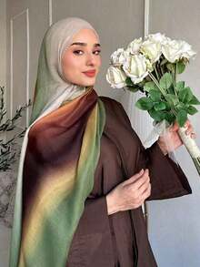 1pc Bohemian Style Watercolor Print Headscarf/Scarf Women, Suitable Outdoor And Daily Wear, Can Be Paired With Outfits - Chuyển sắc xanh nâu - Xem 5